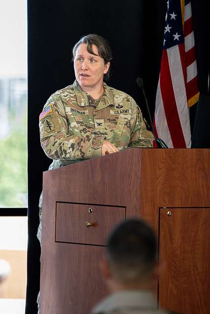5th Brigade Commander, COL Brennan, congratulates Bear Battalion on successfully standing up as a host program 